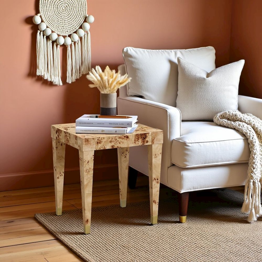 Brown End Table With Burl Veneer And Iron Frame, A Modern Side Table Design. Picture 2