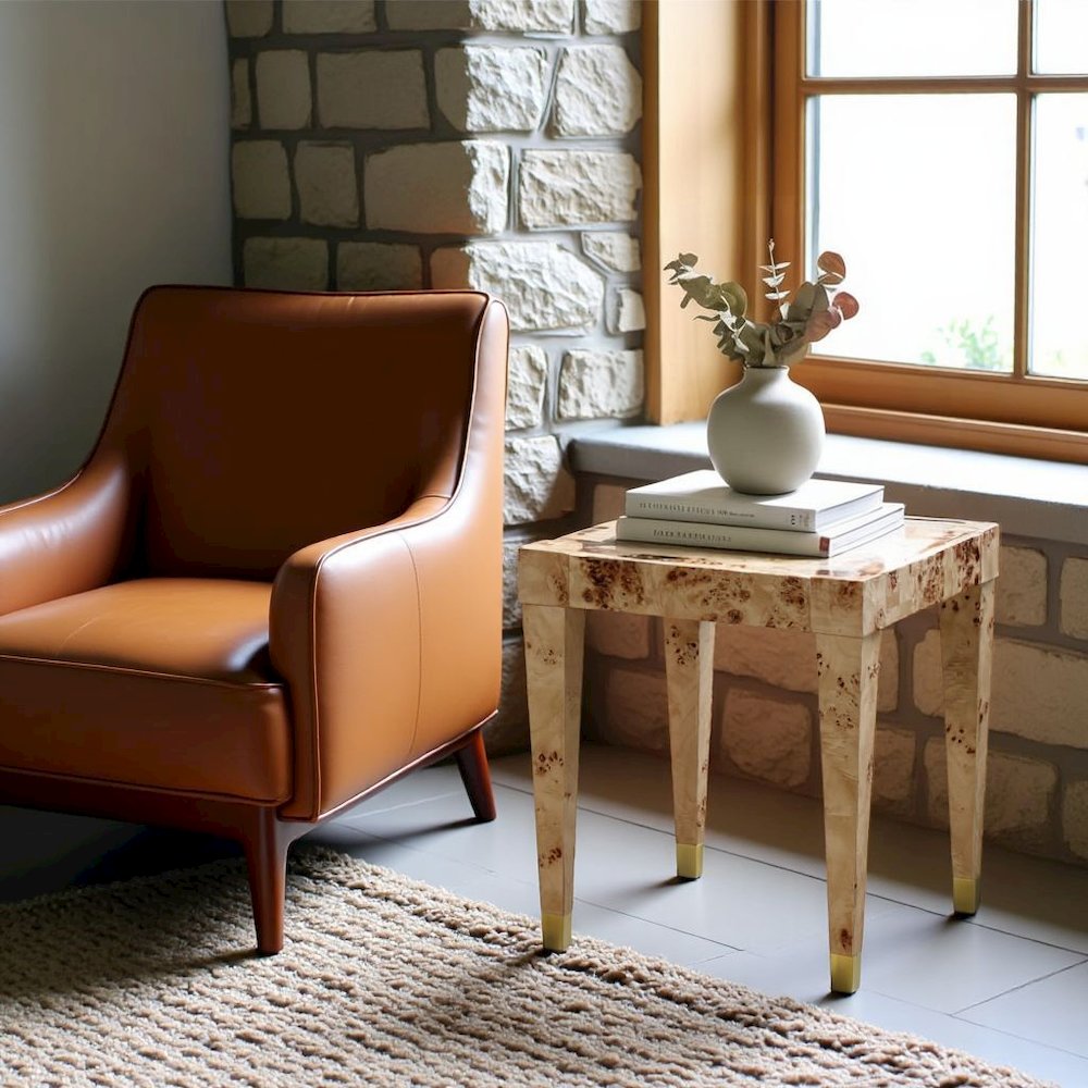 Brown End Table With Burl Veneer And Iron Frame, A Modern Side Table Design. Picture 3