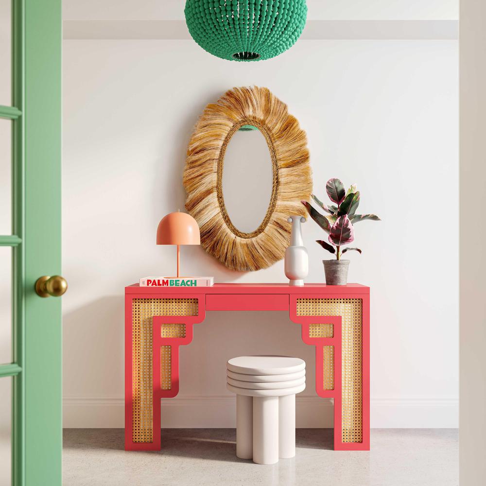 Suzie Coral Pink & Rattan Console Table. Picture 6