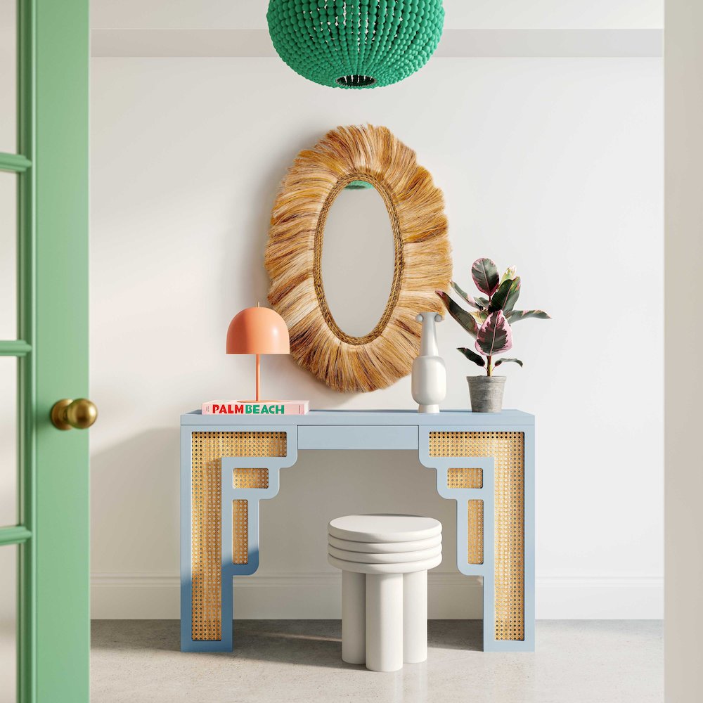 Suzie Pastel Blue & Rattan Console Table. Picture 2