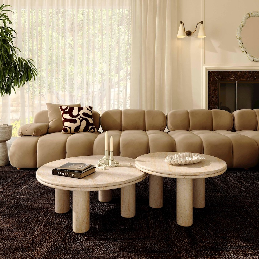 Amora Faux Travertine Indoor/Outdoor 32 inch Round Accent Table. Picture 2