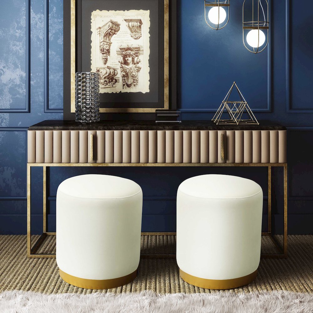 Opal Cream Velvet Ottoman with Gold Base. Picture 2