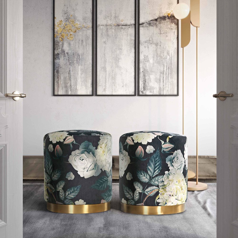Opal Floral Velvet Ottoman with Gold Base. Picture 2