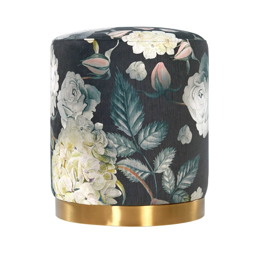 Opal Floral Velvet Ottoman with Gold Base. Picture 3