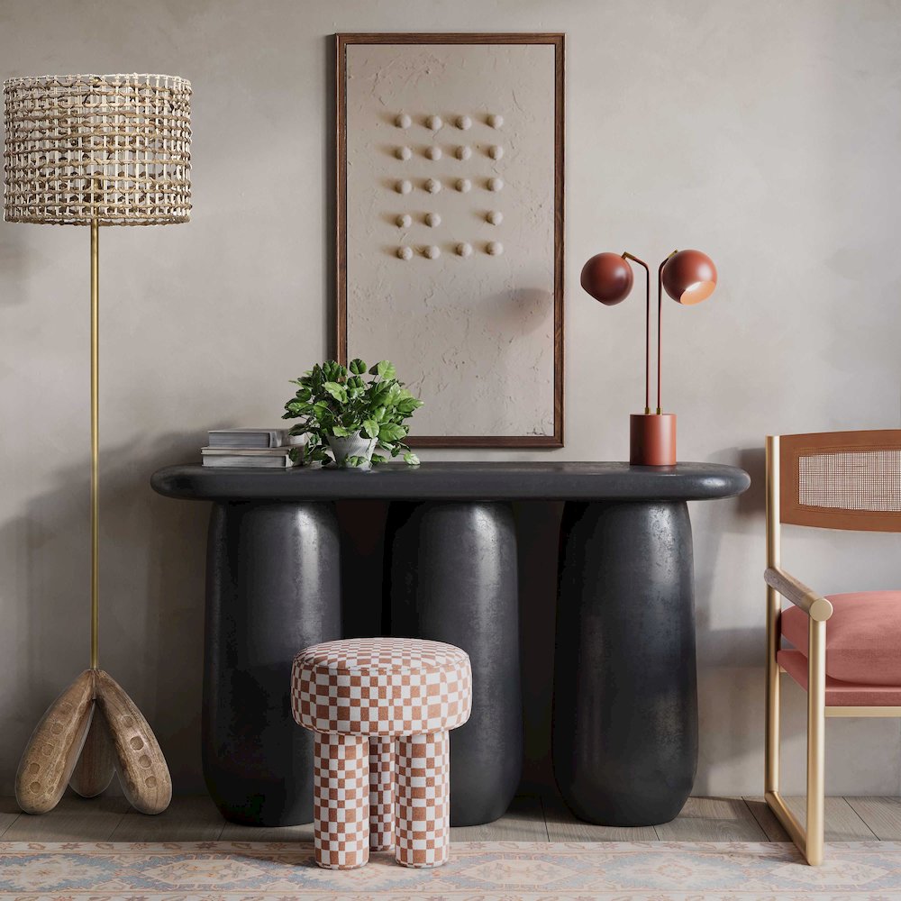 Claire Brown Checkered Boucle Stool. Picture 2