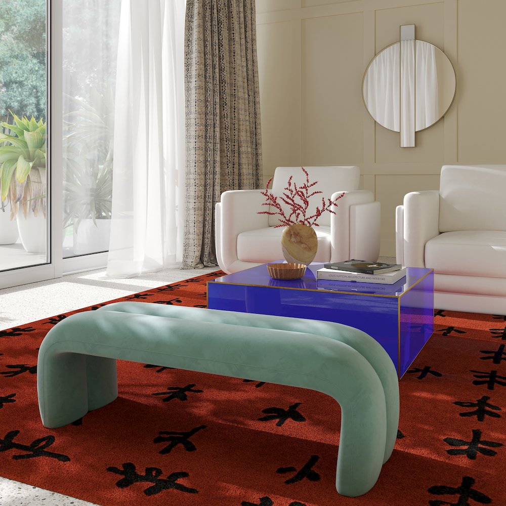 Leigh Green Velvet Channeled Bench. Picture 3