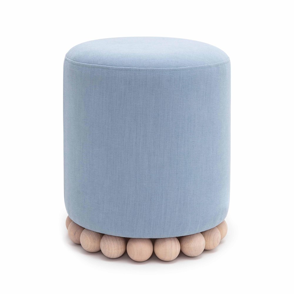 Dex Faded Blue Upcycled Fabric Ottoman. Picture 1
