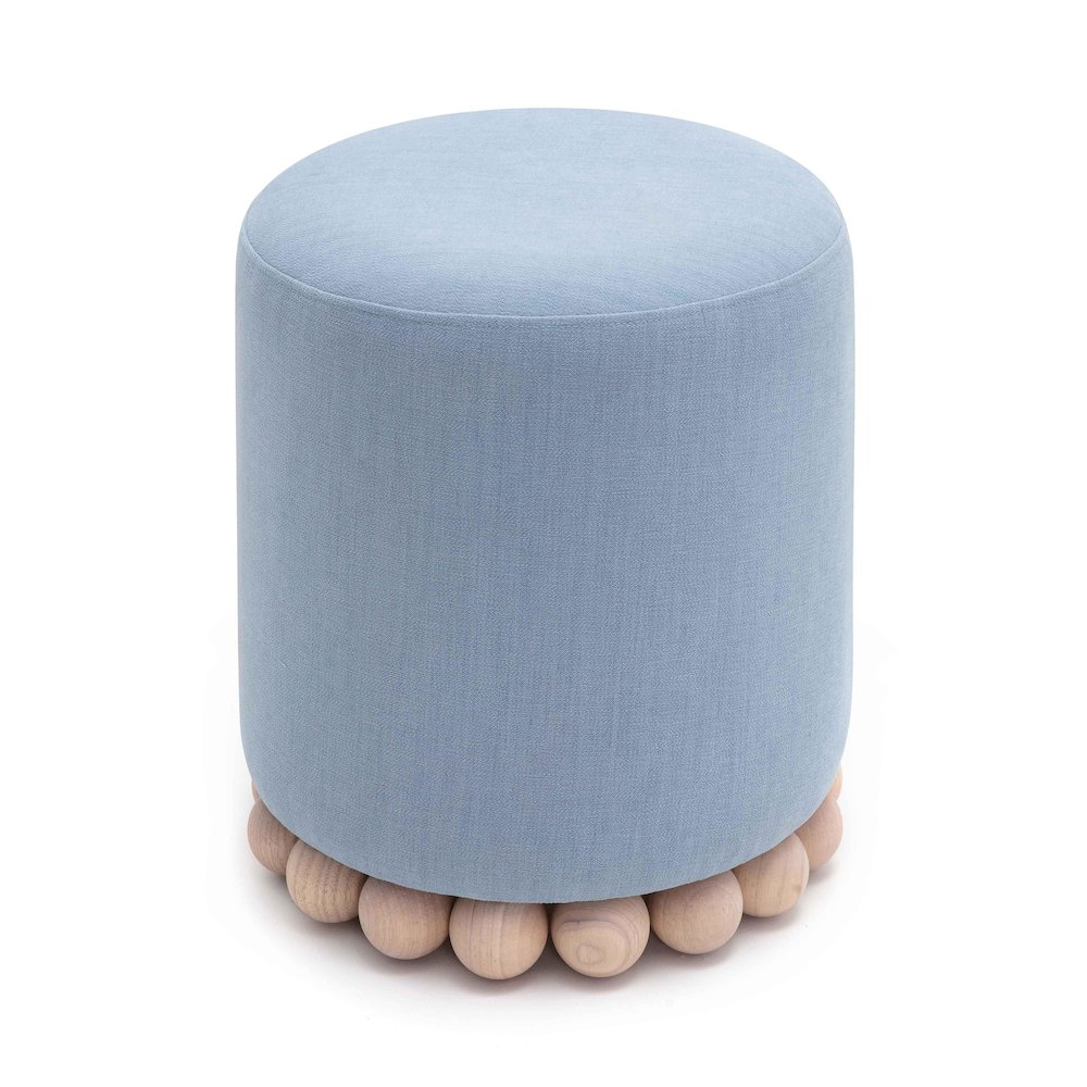Dex Faded Blue Upcycled Fabric Ottoman. Picture 3