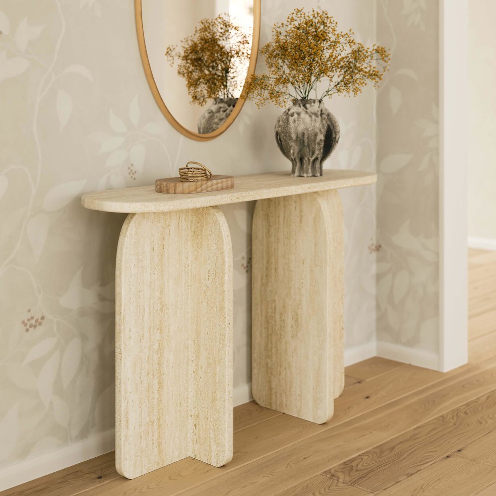 Clementine Faux Travertine Console Table. Picture 2