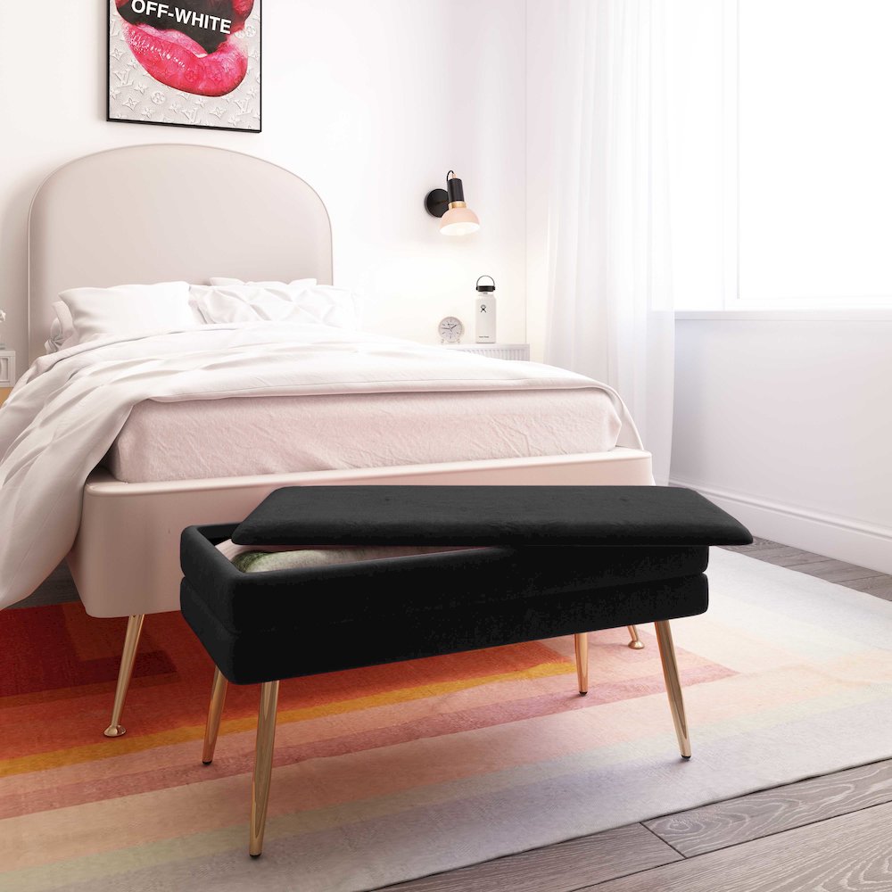 Ziva Black Velvet Storage Bench. Picture 2