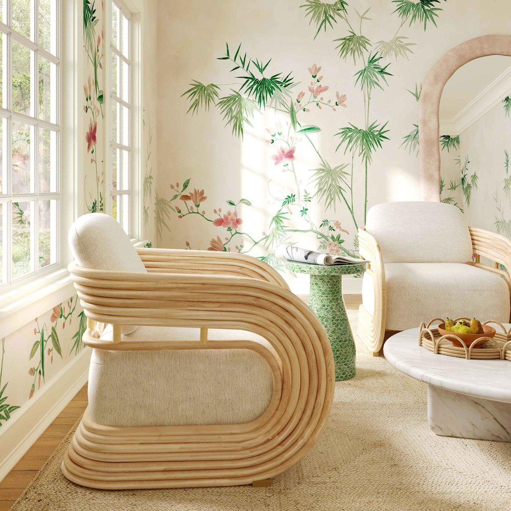 Lauretta Cream Fabric and Natural Rattan Accent Chair. Picture 2