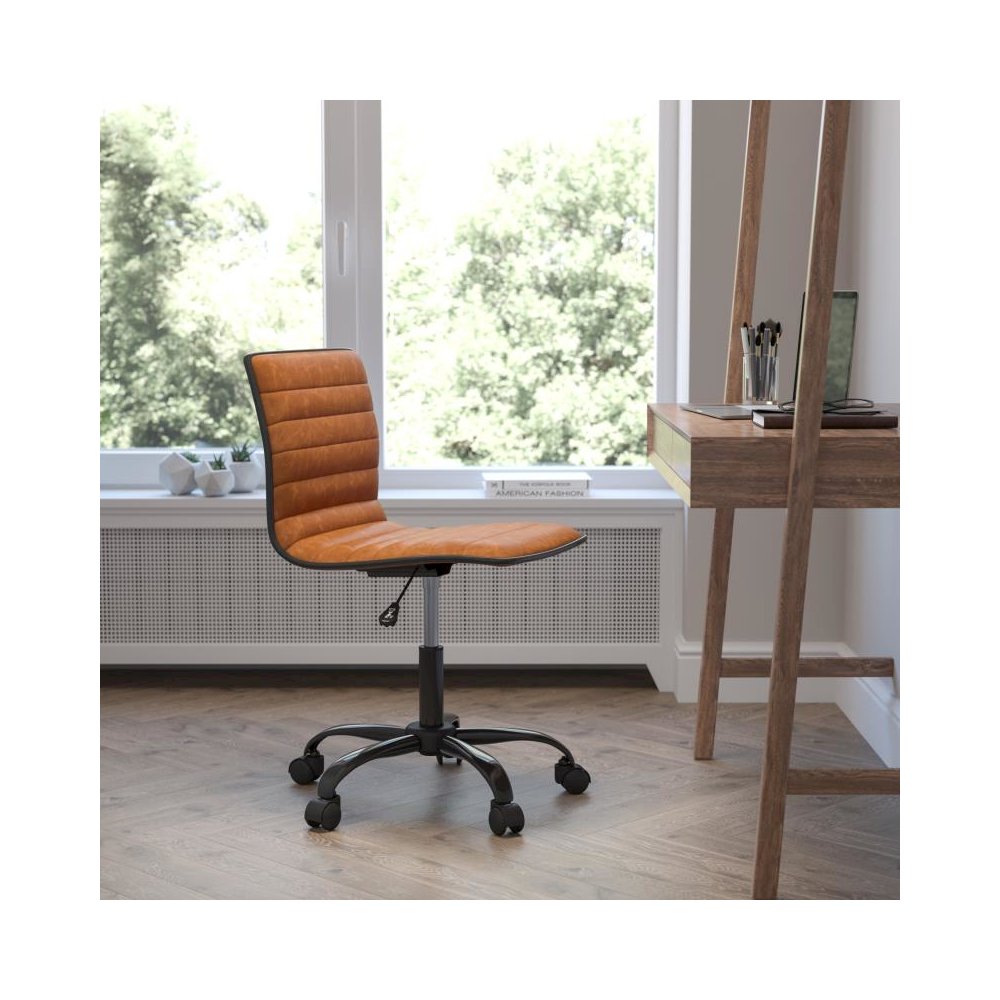 Low Back Designer Armless Brown Ribbed Swivel Task Office Chair with Black Frame and Base. Picture 2