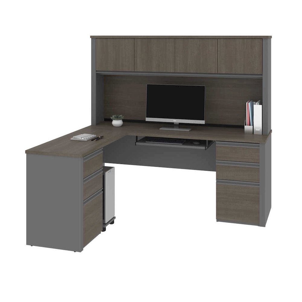 Modern L-Shaped Office Desk with Two Pedestals and Hutch. Picture 1