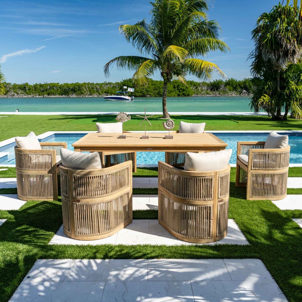 Panama Jack Cabo 7-Piece Barrel Rectangular Dining Set. Picture 2