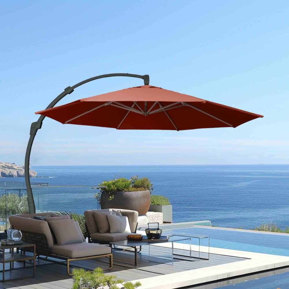 11.5 Ft Cantilever Sunbrella Terracotta 360 Umbrella w/Movable Base. Picture 1