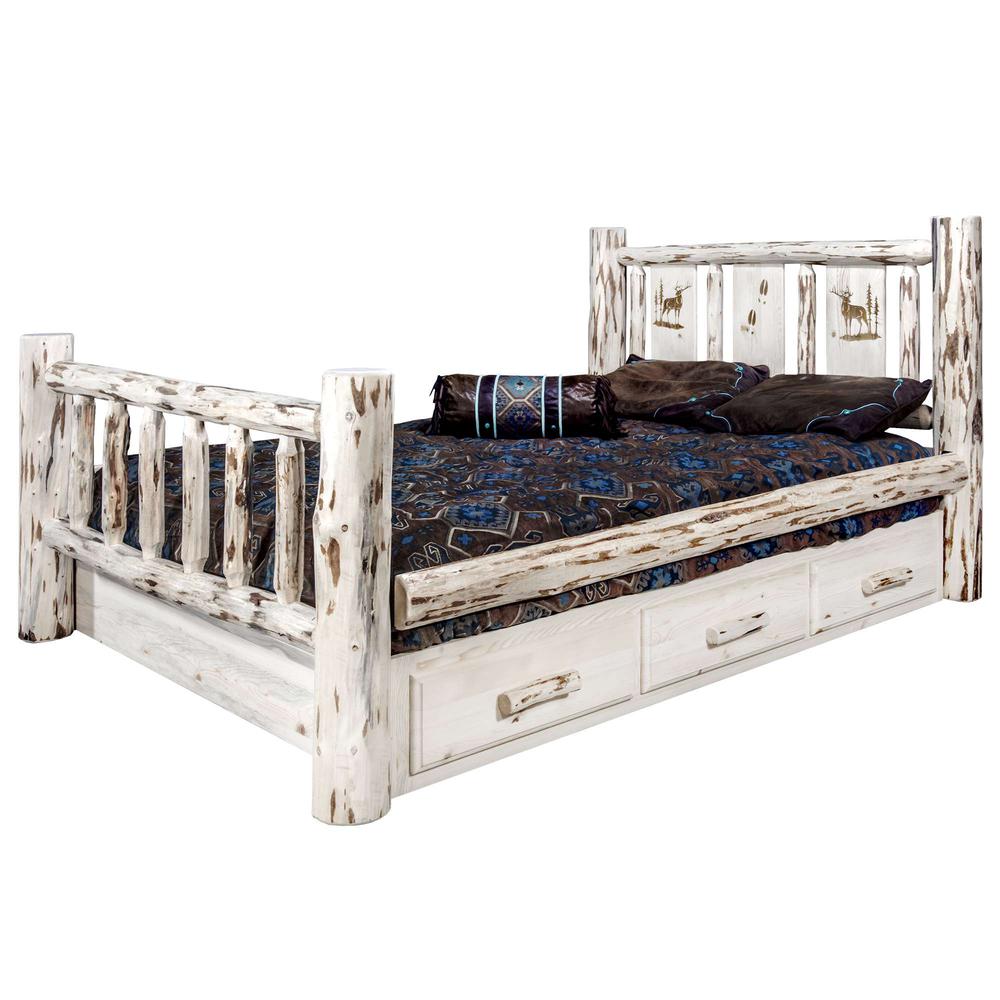 Montana Collection California King Storage Bed w/ Laser Engraved Elk Design, Clear Lacquer Finish. Picture 3