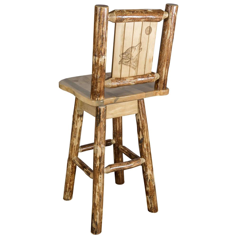 Glacier Country Collection Counter Height Barstool w/ Back & Swivel w/ Laser Engraved Wolf Design. Picture 1
