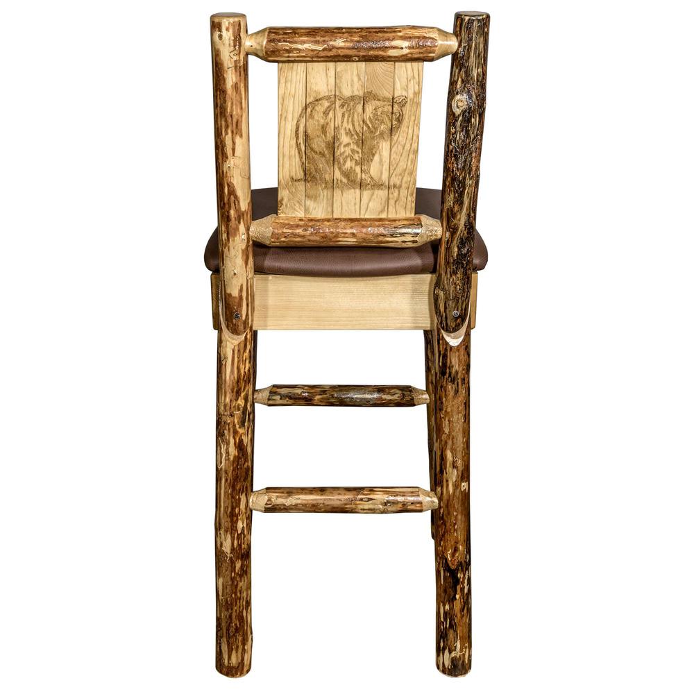 Glacier Country Collection Counter Height Barstool w/ Back - Saddle Upholstery, w/ Laser Engraved Bear Design. Picture 2