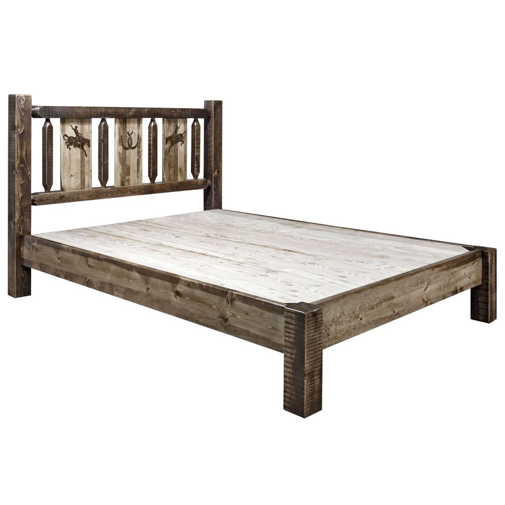 Homestead Collection Full Platform Bed w/ Laser Engraved Bronc Design, Stain & Clear Lacquer Finish. Picture 5
