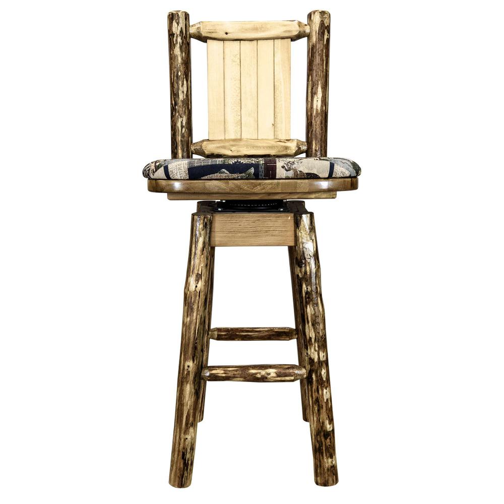 Glacier Country Collection Counter Height Barstool w/ Back & Swivel, Woodland Upholstery w/ Laser Engraved Bear Design. Picture 4