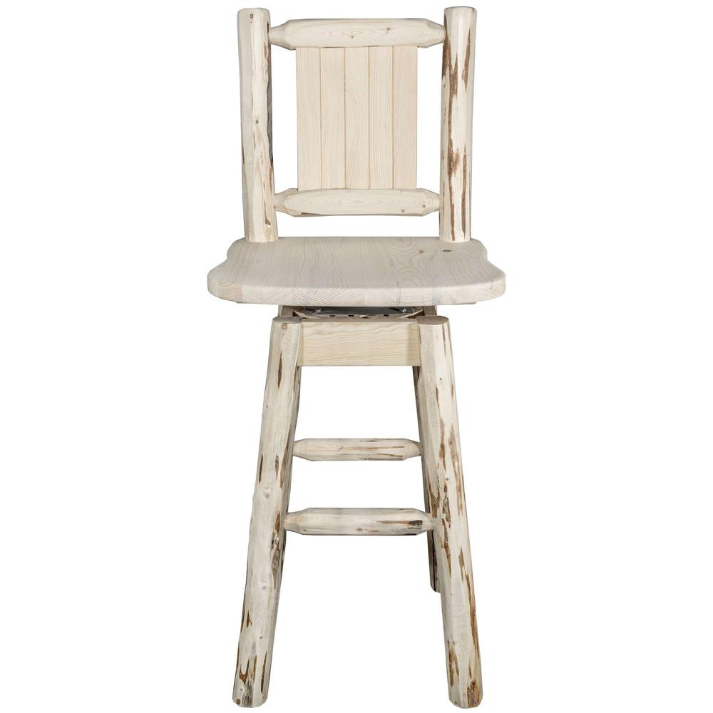 Montana Collection Counter Height Barstool w/ Back & Swivel w/ Laser Engraved Pine Tree Design, Clear Lacquer Finish. Picture 4