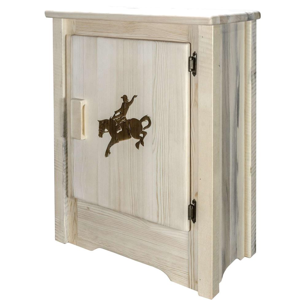 Homestead Collection Accent Cabinet w/ Laser Engraved Bronc Design, Right Hinged, Clear Lacquer Finish. Picture 1