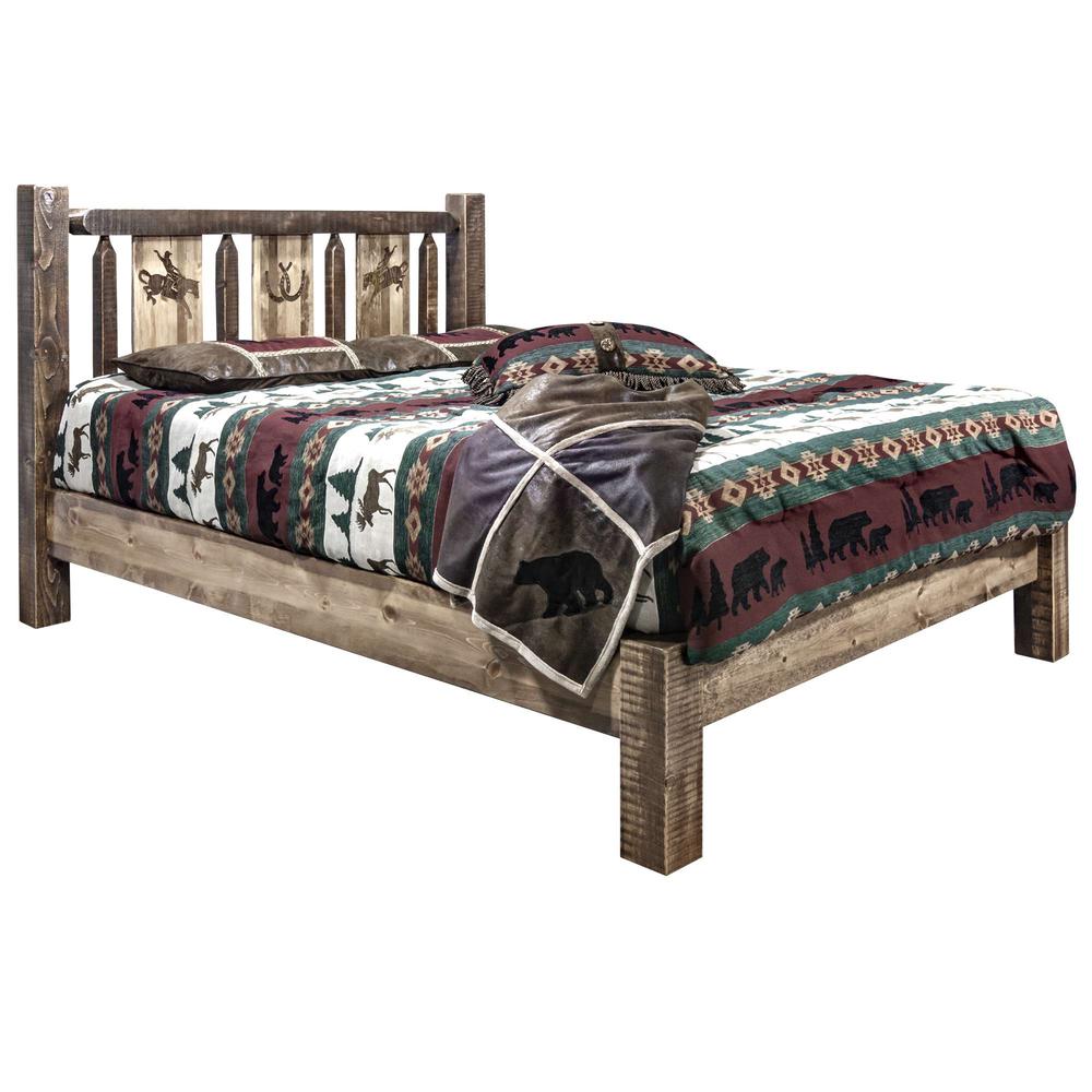 Homestead Collection Full Platform Bed w/ Laser Engraved Bronc Design, Stain & Clear Lacquer Finish. Picture 1