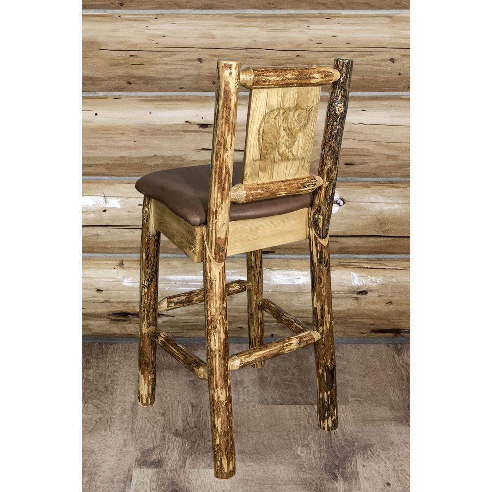 Glacier Country Collection Counter Height Barstool w/ Back - Saddle Upholstery, w/ Laser Engraved Bear Design. Picture 6