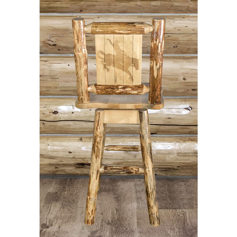 Glacier Country Collection Counter Height Barstool w/ Back & Swivel w/ Laser Engraved Bronc Design. Picture 7