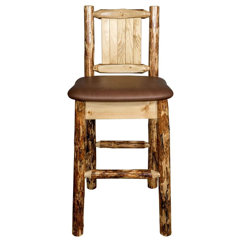 Glacier Country Collection Counter Height Barstool w/ Back - Saddle Upholstery, w/ Laser Engraved Bear Design. Picture 4