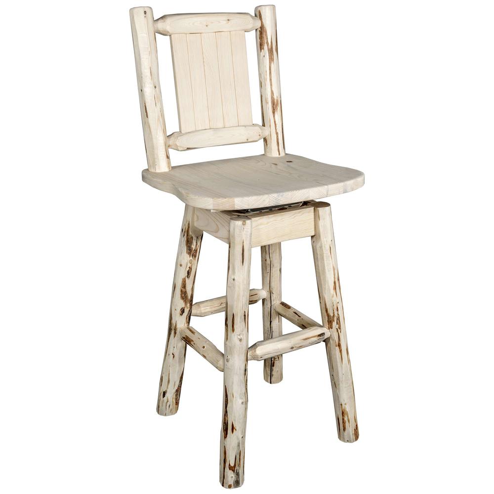 Montana Collection Counter Height Barstool w/ Back & Swivel w/ Laser Engraved Pine Tree Design, Clear Lacquer Finish. Picture 3