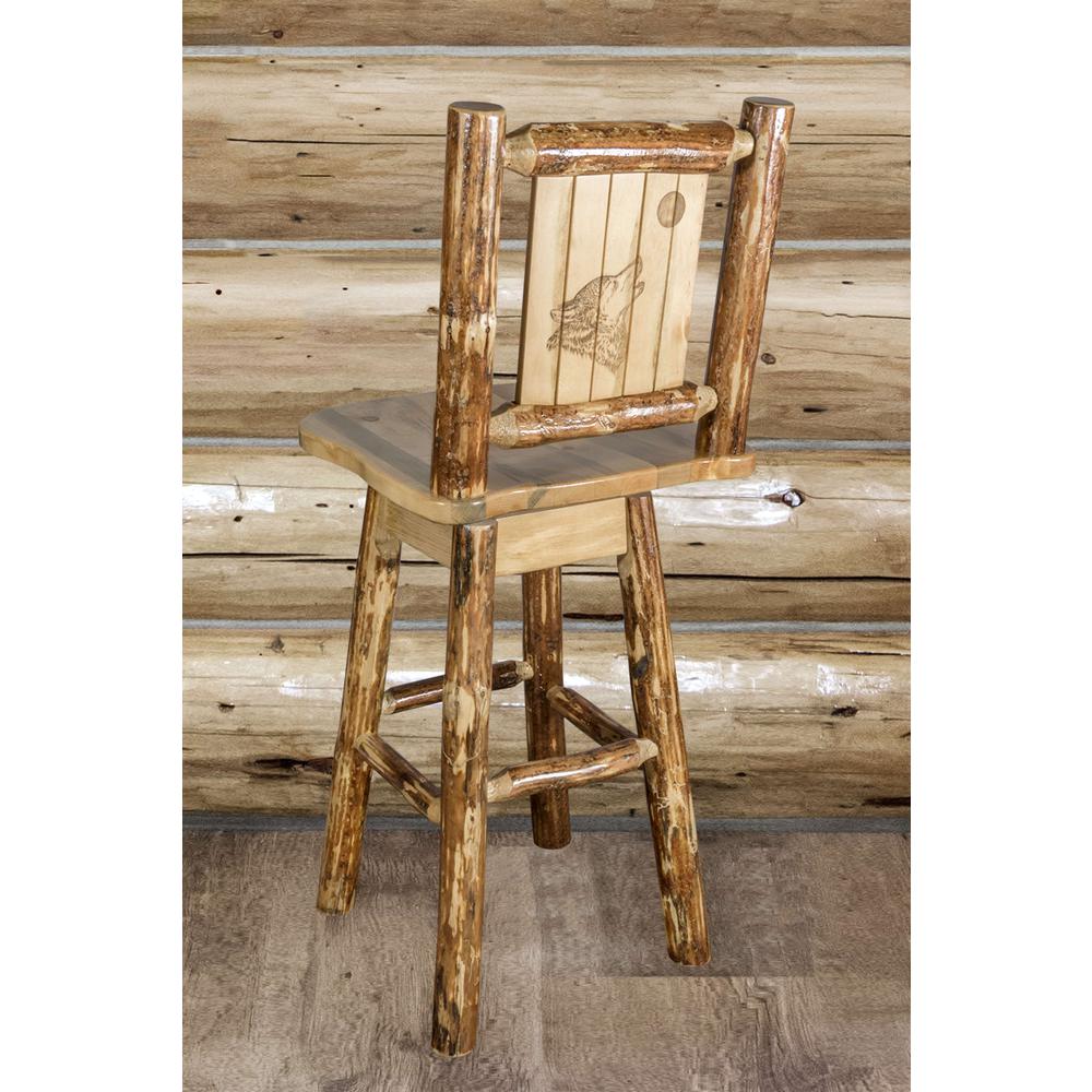 Glacier Country Collection Counter Height Barstool w/ Back & Swivel w/ Laser Engraved Wolf Design. Picture 6
