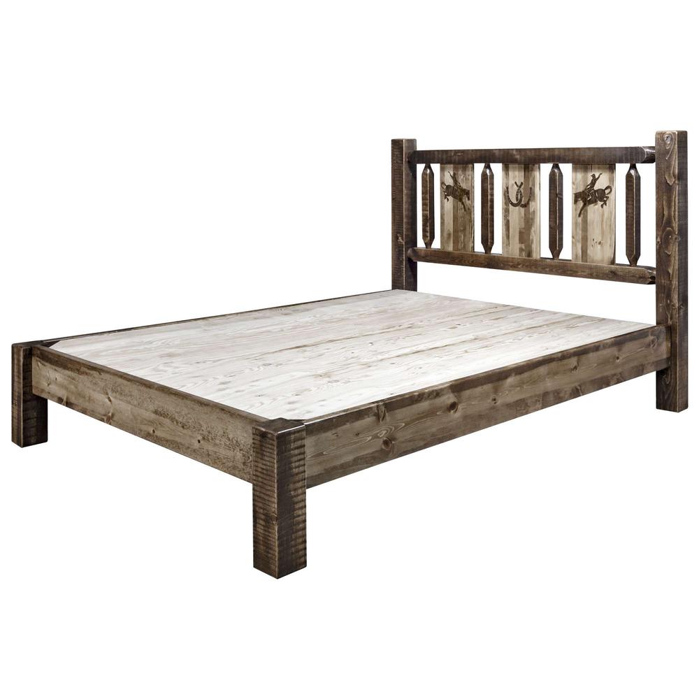 Homestead Collection Full Platform Bed w/ Laser Engraved Bronc Design, Stain & Clear Lacquer Finish. Picture 7