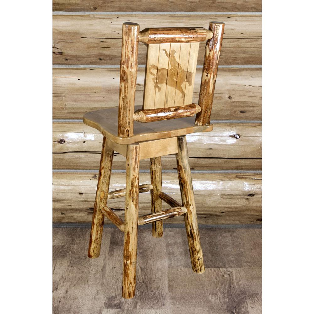 Glacier Country Collection Counter Height Barstool w/ Back & Swivel w/ Laser Engraved Bronc Design. Picture 6