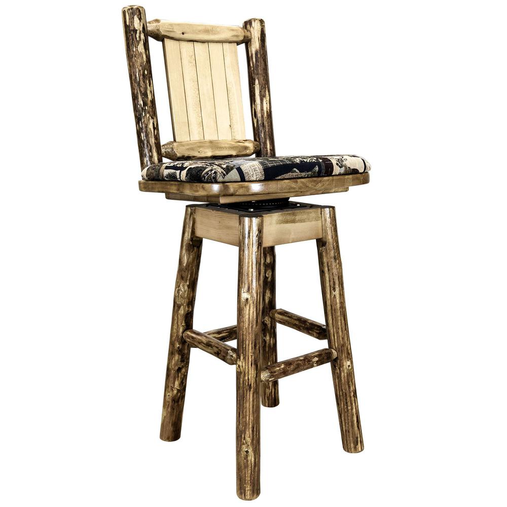 Glacier Country Collection Counter Height Barstool w/ Back & Swivel, Woodland Upholstery w/ Laser Engraved Bear Design. Picture 3