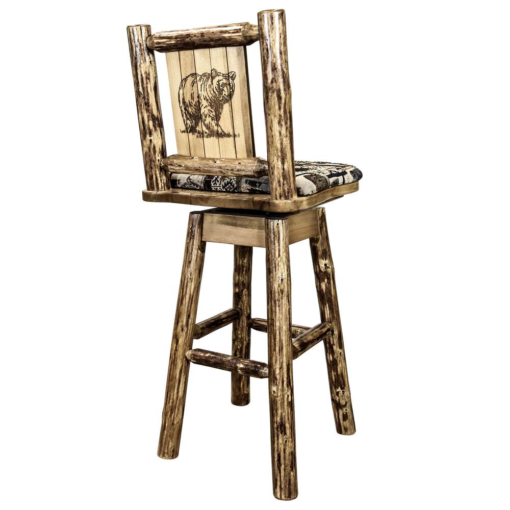 Glacier Country Collection Counter Height Barstool w/ Back & Swivel, Woodland Upholstery w/ Laser Engraved Bear Design. Picture 1