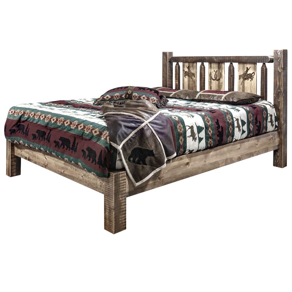 Homestead Collection Full Platform Bed w/ Laser Engraved Bronc Design, Stain & Clear Lacquer Finish. Picture 3
