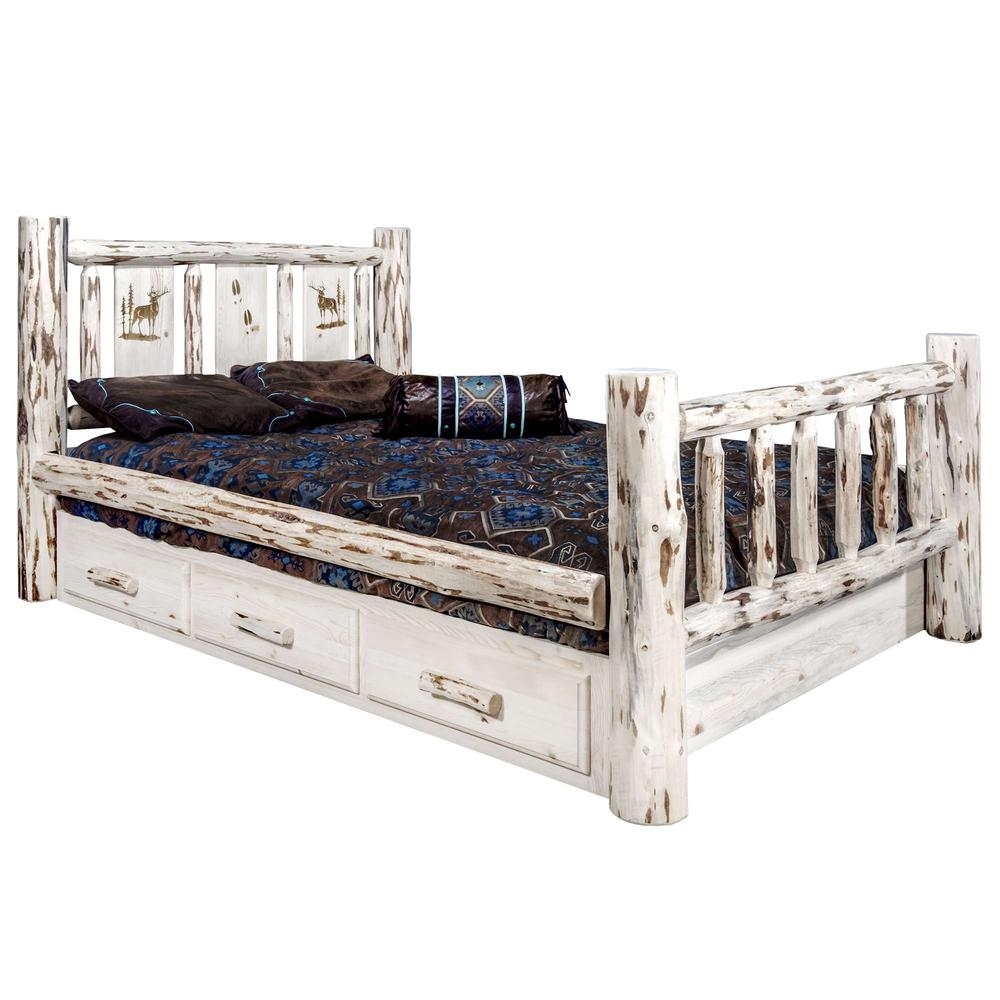 Montana Collection California King Storage Bed w/ Laser Engraved Elk Design, Clear Lacquer Finish. Picture 1