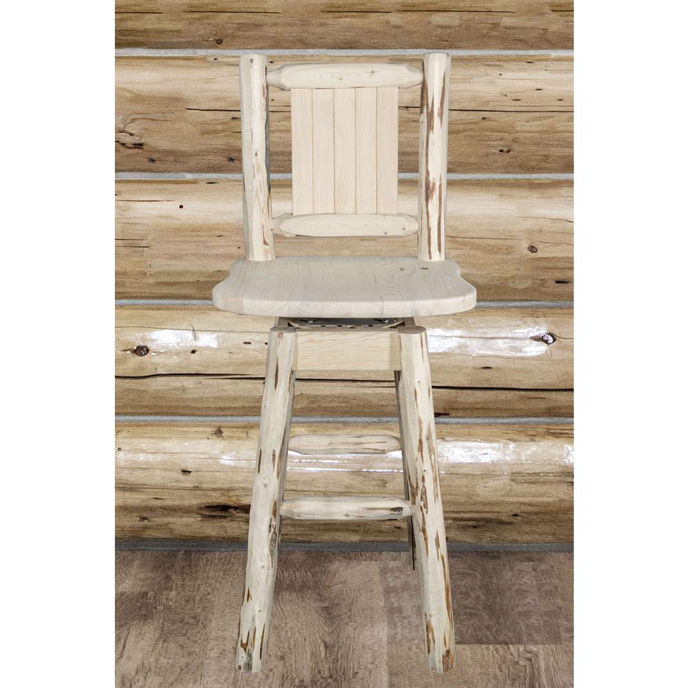 Montana Collection Counter Height Barstool w/ Back & Swivel w/ Laser Engraved Pine Tree Design, Clear Lacquer Finish. Picture 8