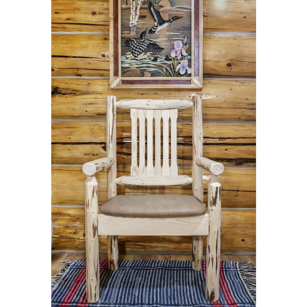 Montana Collection Captain's Chair, Clear Lacquer Finish w/ Upholstered Seat, Buckskin Pattern. Picture 6