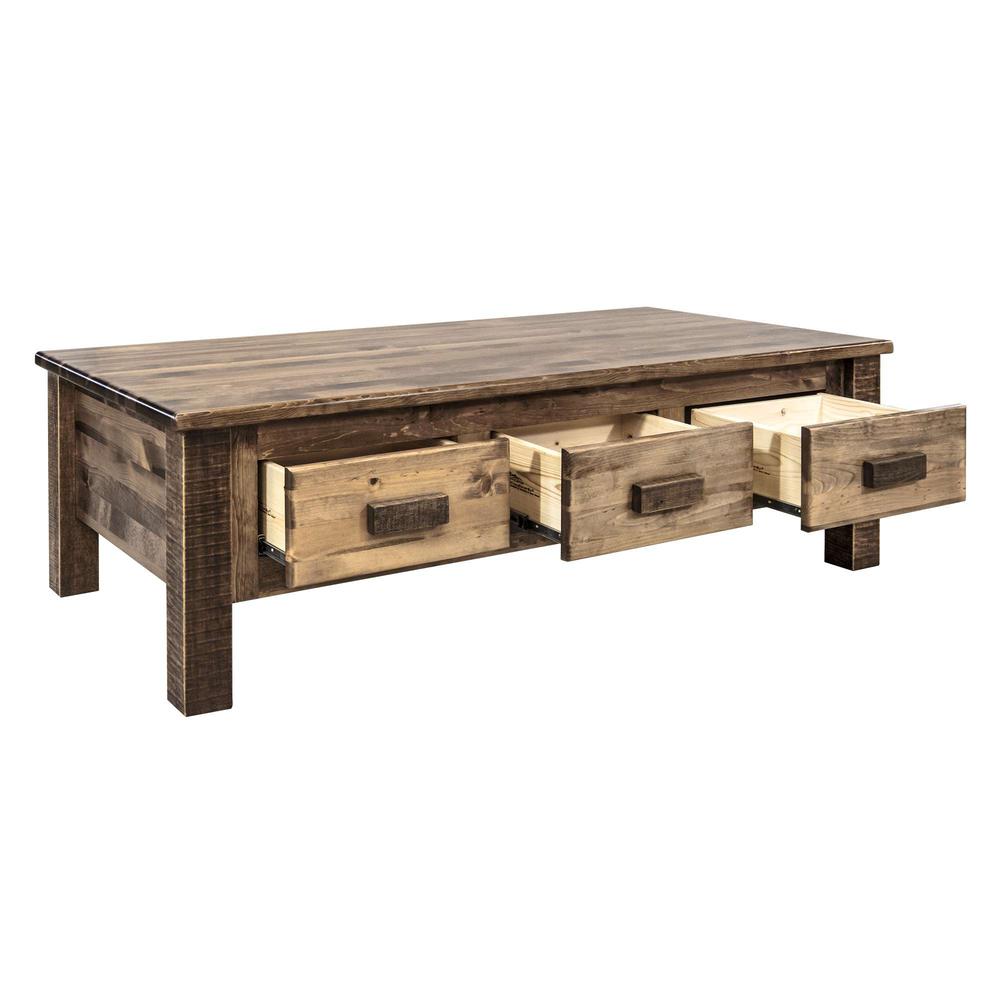 Homestead Collection Large Coffee Table w/ 6 Drawers, Stain & Clear Lacquer Finish. Picture 4