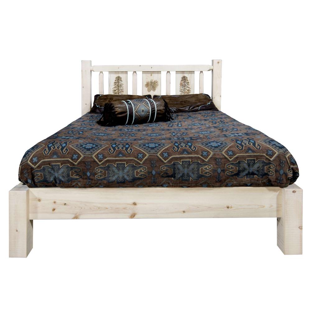 Homestead Collection Queen Platform Bed w/ Laser Engraved Pine Tree Design, Ready to Finish. Picture 2