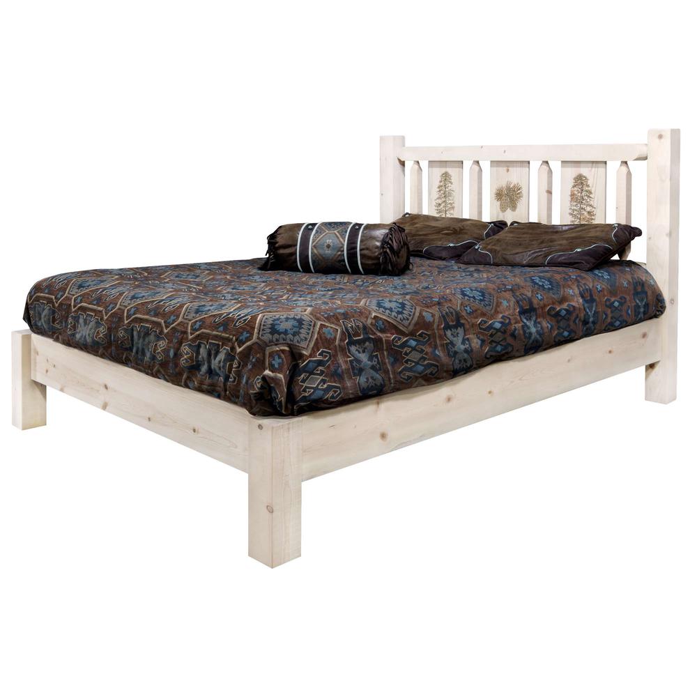 Homestead Collection Queen Platform Bed w/ Laser Engraved Pine Tree Design, Ready to Finish. Picture 3
