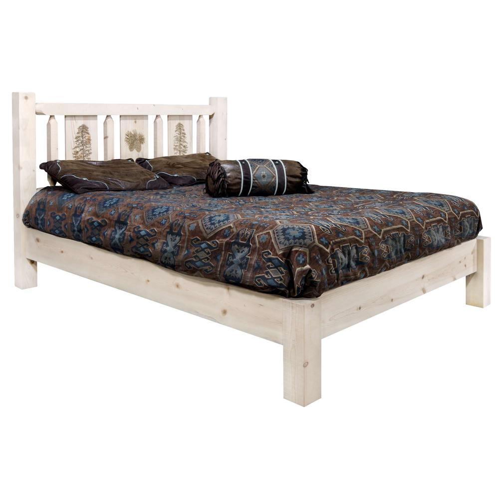 Homestead Collection Queen Platform Bed w/ Laser Engraved Pine Tree Design, Ready to Finish. Picture 1