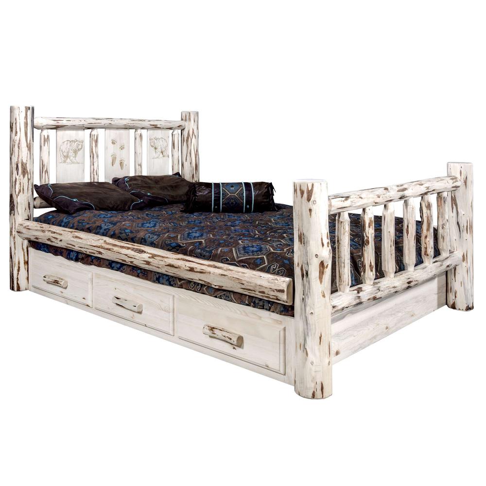 Montana Collection Queen Storage Bed w/ Laser Engraved Bear Design, Ready to Finish. Picture 1