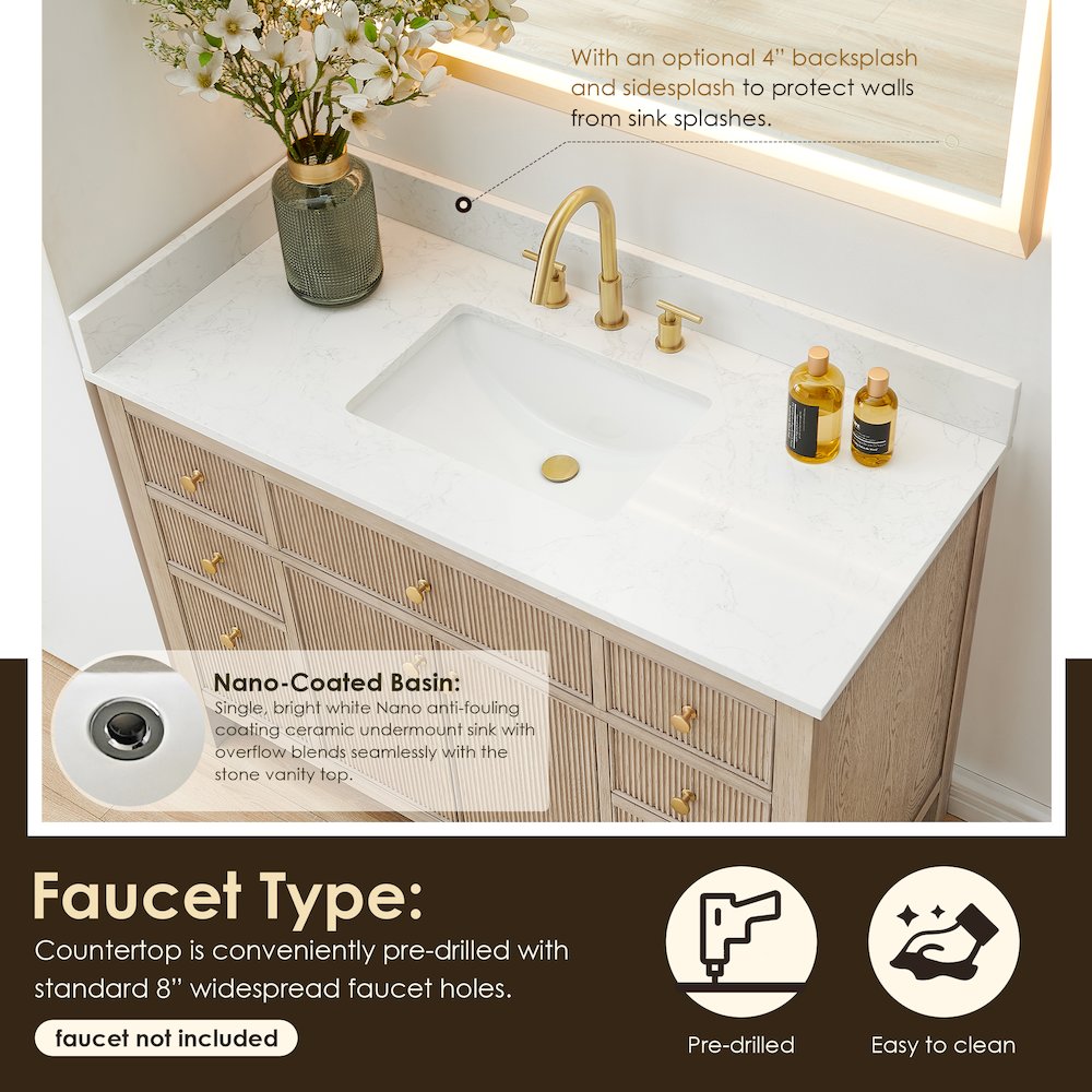 Single Bathroom Vanity in Nature Oak Grain White Engineered Stone Countertop. Picture 7