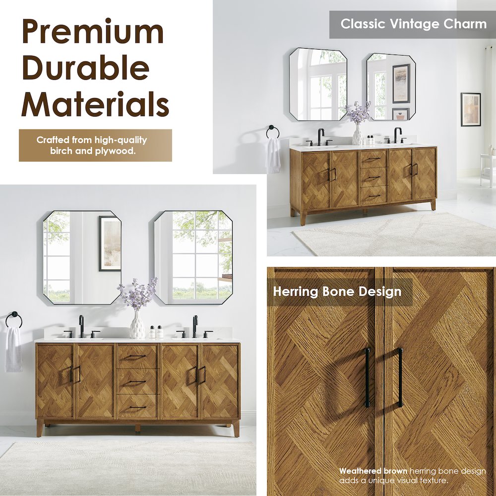 Clara 72" Double Bathroom Vanity in Weathered Brown. Picture 7