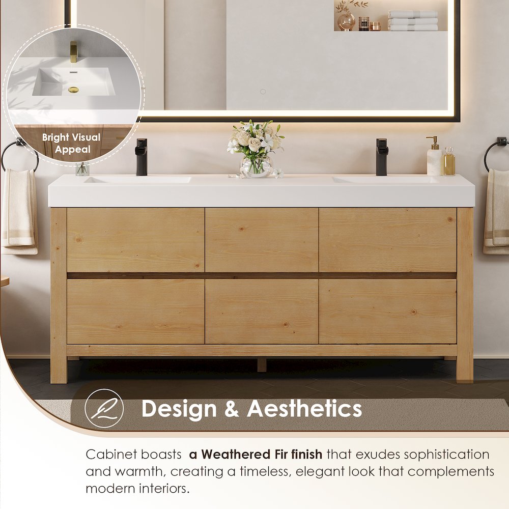 72" Double Bathroom Vanity in with White Artificial Stone Integrated Sink. Picture 6