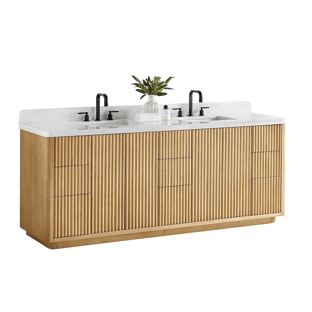84" Double Bathroom Vanity in Washed Light Brown with Grain White. Picture 3