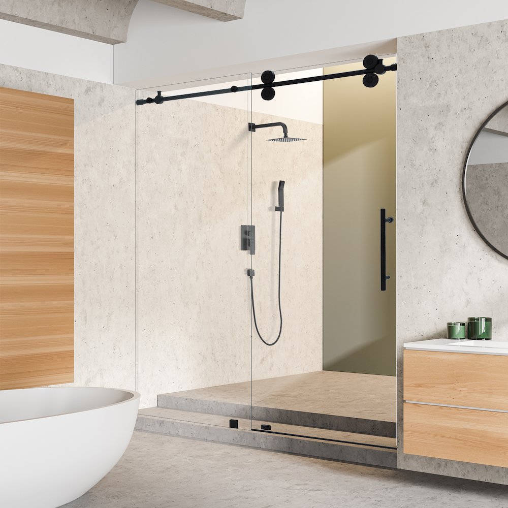 Single Sliding Frameless Shower Door in Matte Black with Clear Glass. Picture 4
